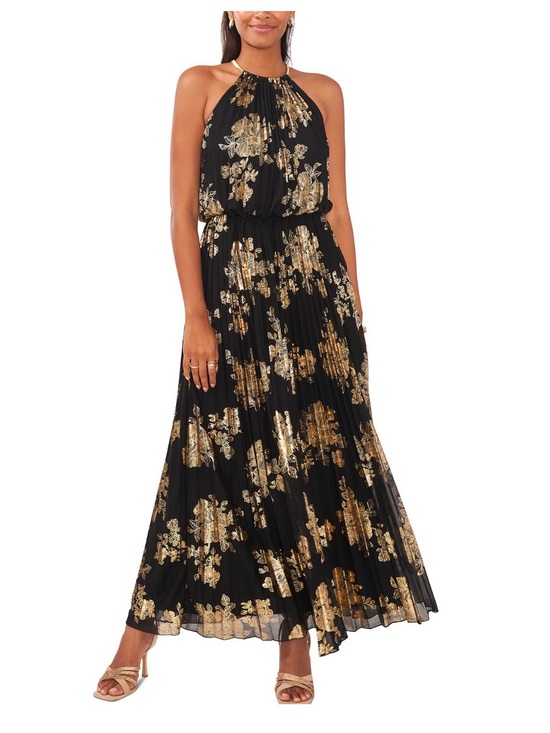 MSK Dresses & Skirts - MSK Black and Gold Halter Pleated Floral Maxi Dress